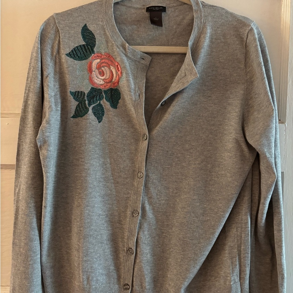 Ann Taylor Gray Cardigan with Rose Embroidery